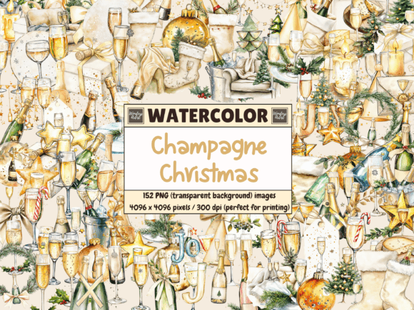 Download Champagne Christmas Watercolor Clipart - Christmas Collection