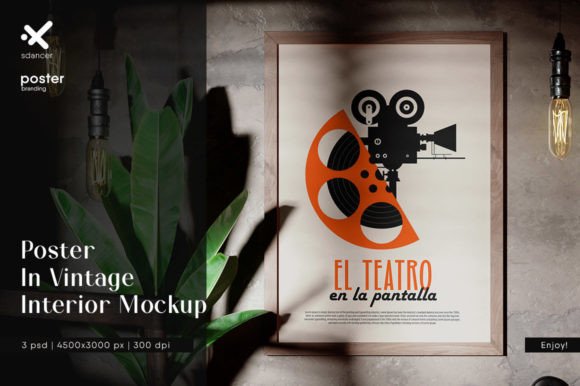 Download Poster on Wall in Dark Interior Mockup - Mockup Collection