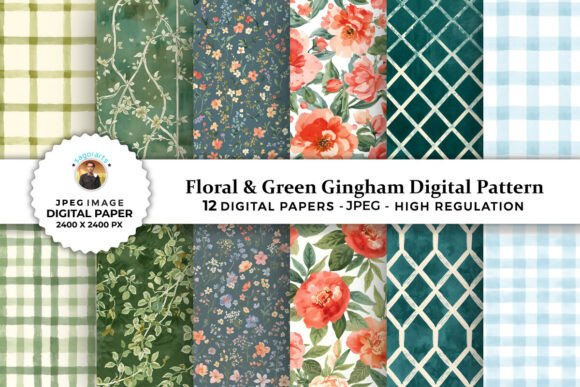 Download Floral &amp; Green Gingham Digital Patterns - Patterns Collection